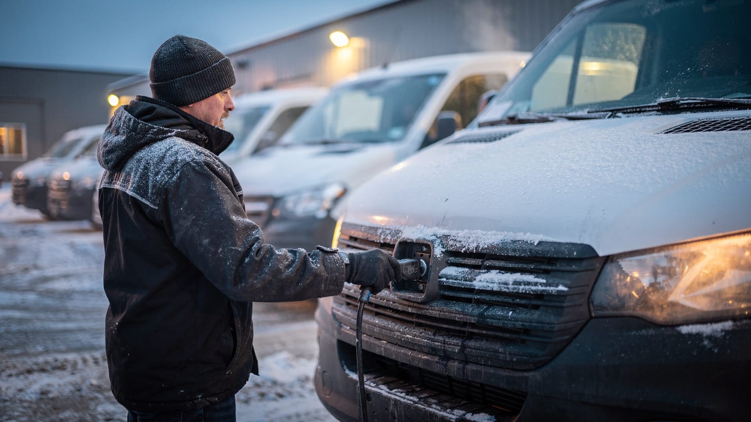 A driver in a toque and winter jacket handles a power cord plugged into the front grille of a frosted white van, with more vans lined up behind.