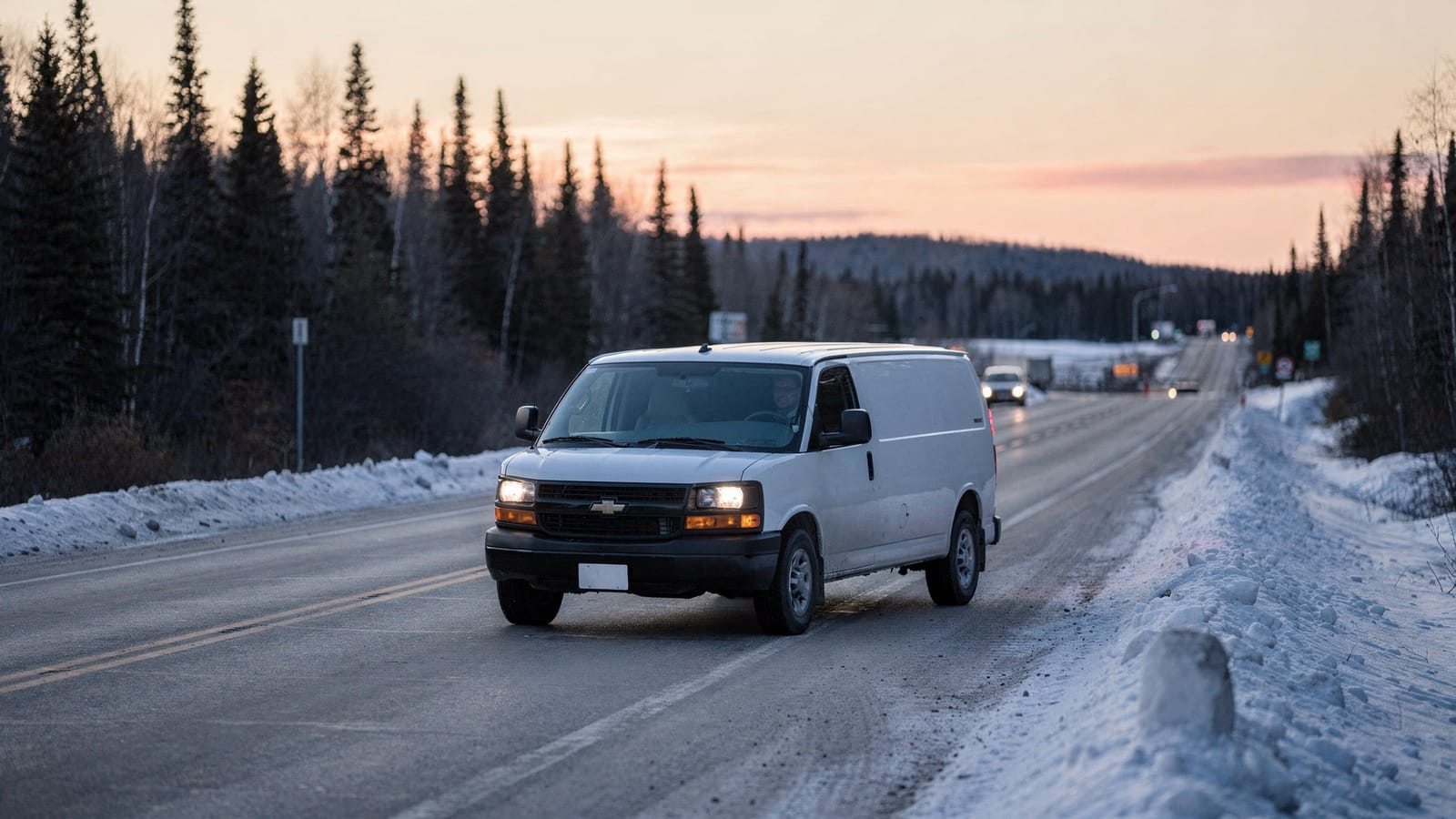 A white delivery van with headlights on drives along a snowy two-lane highway through dark spruce forest at dusk, snowbanks lining both shoulders.