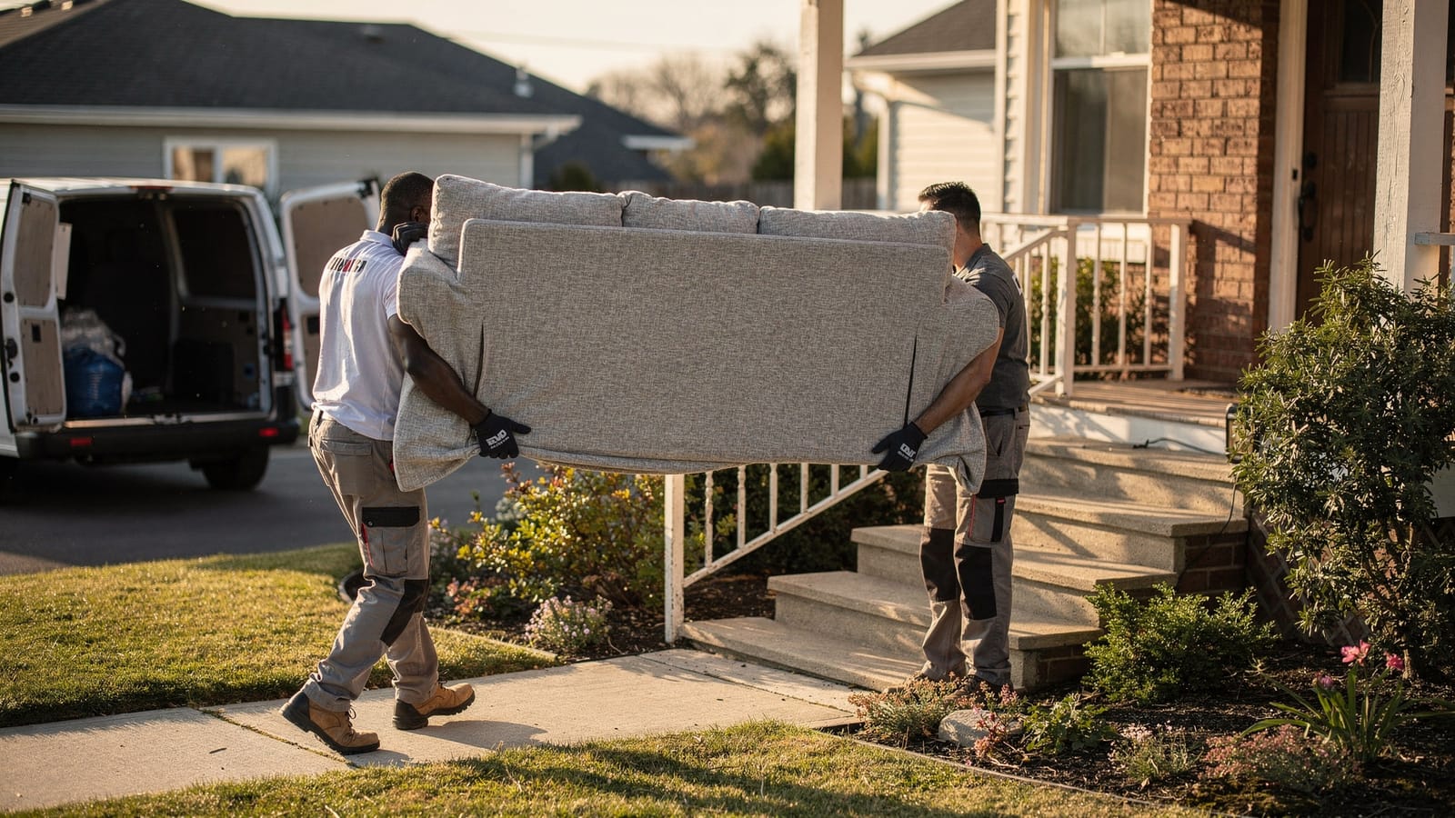 Two delivery workers carry a grey three-seat sofa toward the front steps of a suburban brick house, a white van parked behind with open doors.