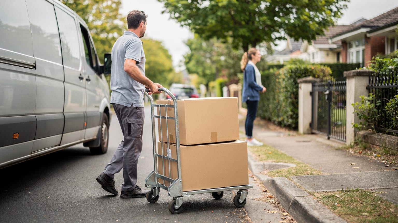 A delivery driver wheels a hand trolley with two large cardboard boxes past a parked van towards a woman waiting by a suburban front gate.